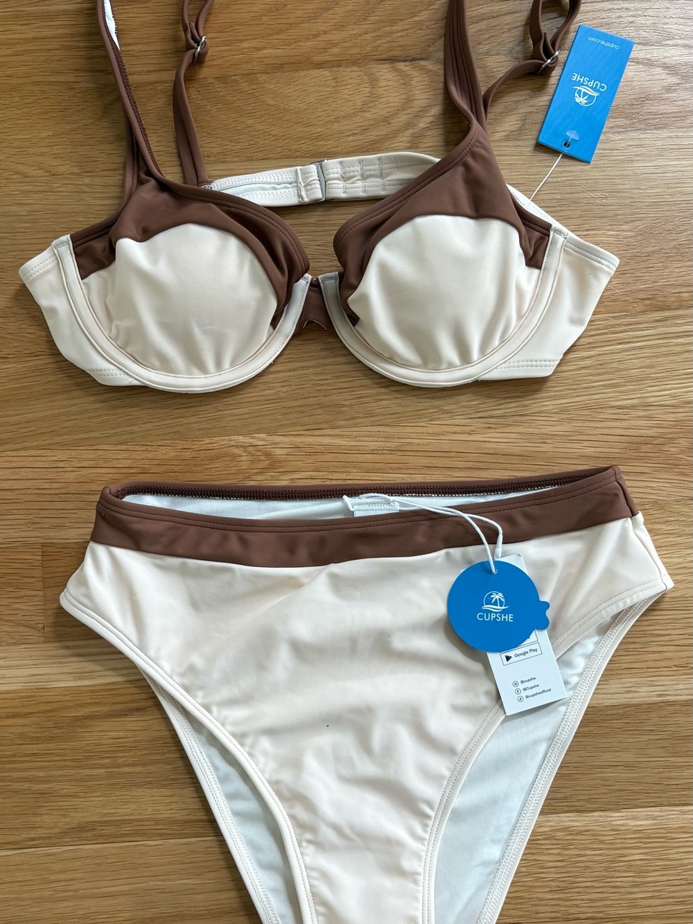 Cupshe Two-Tone Underwire Bikini Set in Cream & Brown- M top, S bottom
